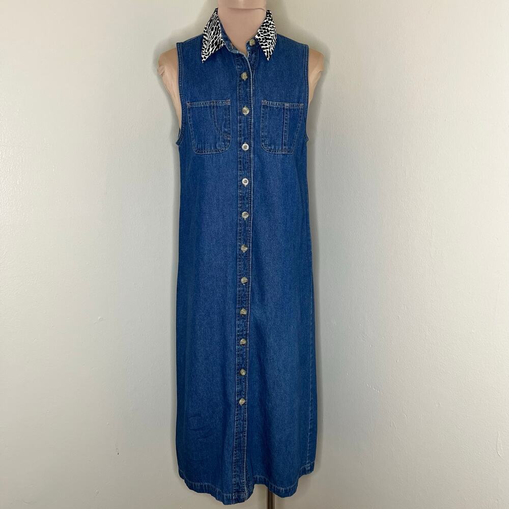 Vtg Original TY Wear Denim Shirt Dress 12 Petite Animal Print Collar Midi 90s